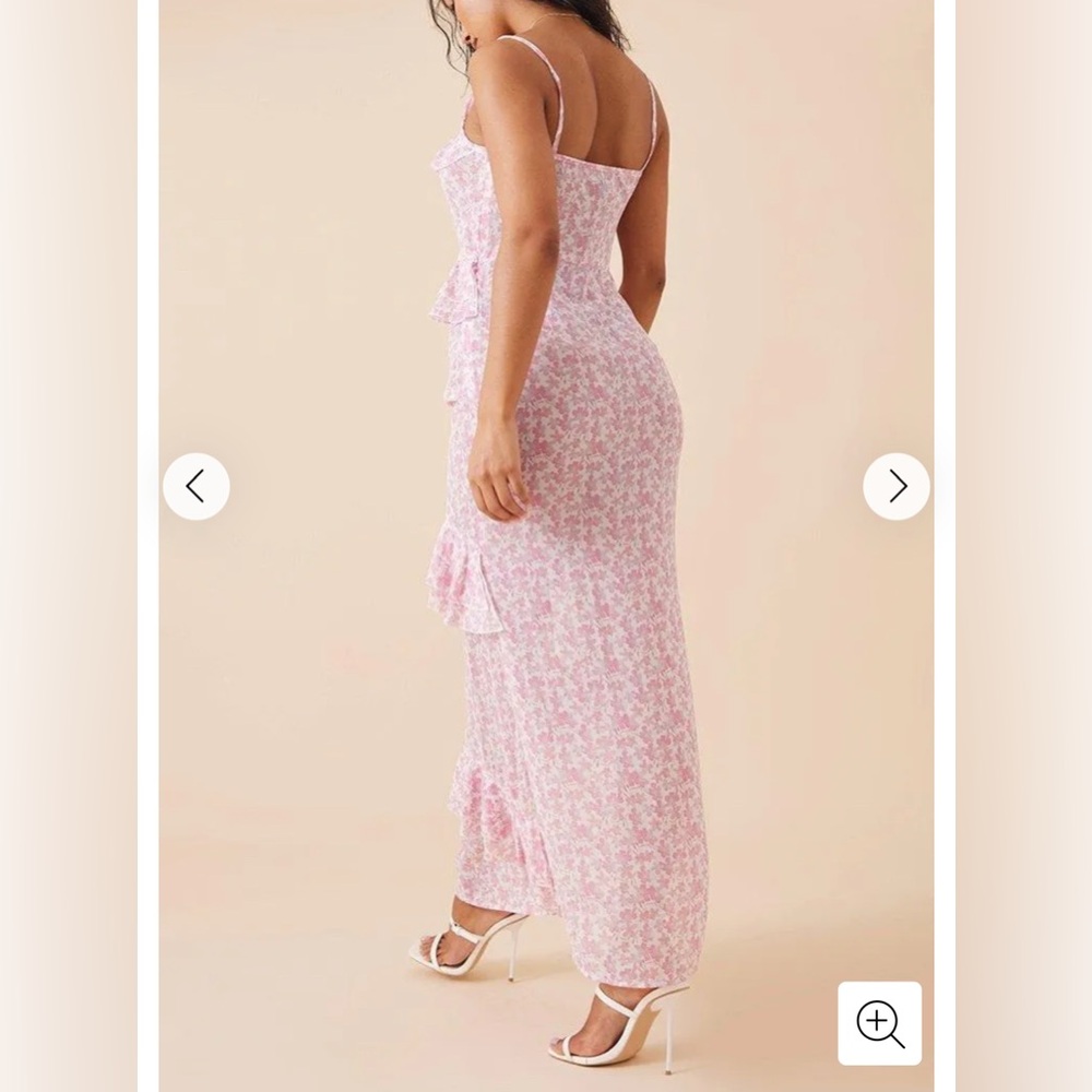 PrettyLittleThing Pink Floral Chiffon Maxi Dress | Size 2 | Sheer Frill Detail - Picture 5 of 9
